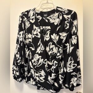 INC Black and White Surplice Faux Wrap Blouse (1X)